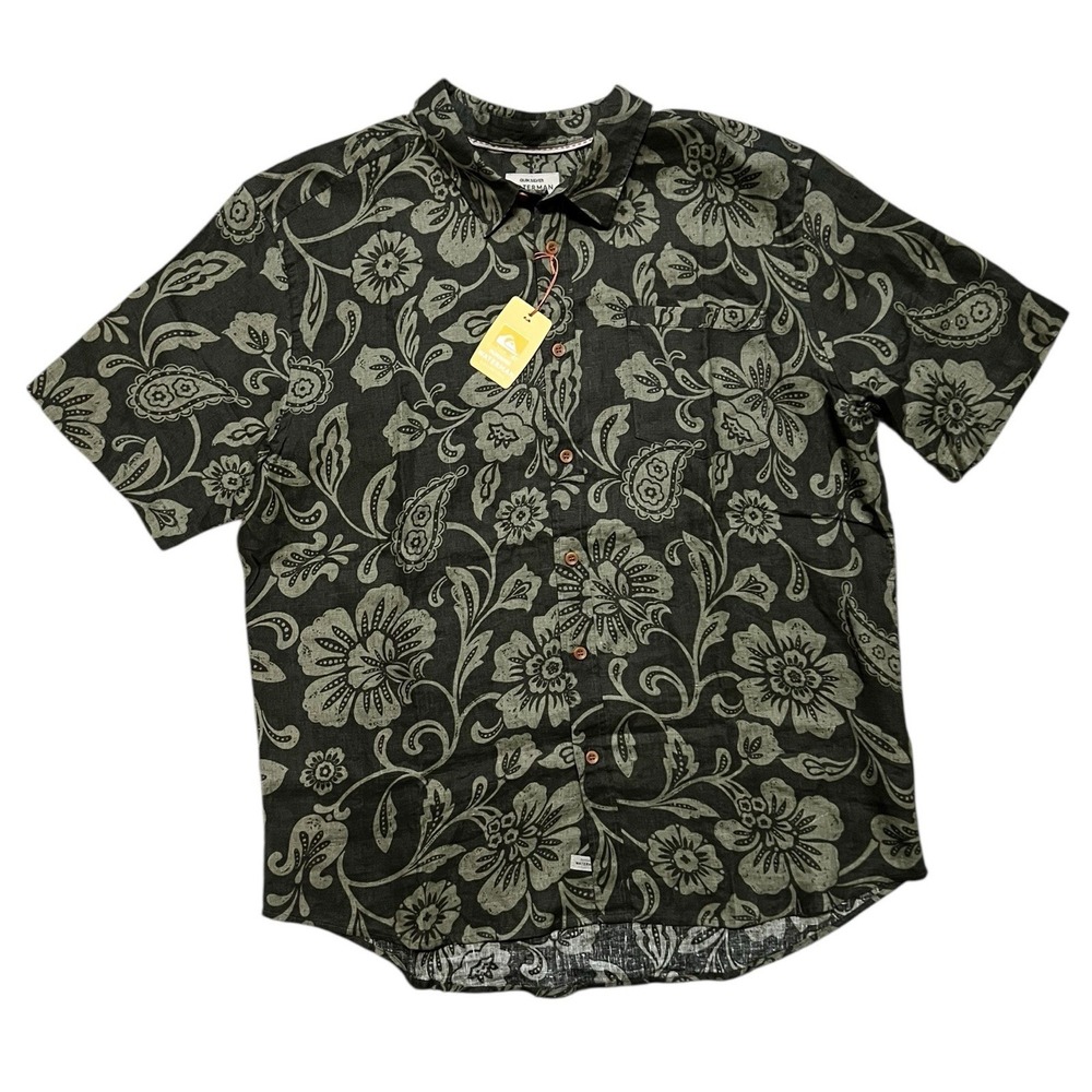 NWT Quiksilver‎ Waterman Shirt S/S Mens 2XL Linen Green Floral Paisley MSRP $65